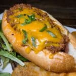 Texas-Style Smoked Brisket Chili Cheese Hot Dog