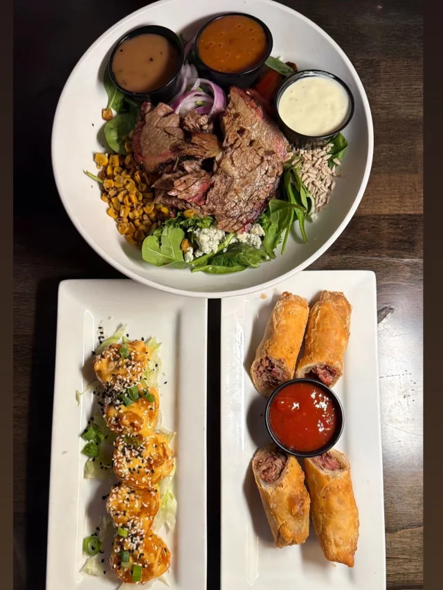 My best friend @y0sl8r and her mom surprised me and showed up at the bar. Truthfully, they were there to see @_maggiechfig92, but missed her as Maggie works day on Wednesdays and @ninacontento works nights. So they settled on dinner with just me. They got this meal in the photo - smoked brisket salad, smoked brisket cheesesteak egg rolls with cherry pepper ketchup (because Sriracha ketchup is too boring), and our Jay Jay’s Shrimp (bang bang is totally copywritten and any restaurant that doesn’t rhyme with PhoneFish is breaking their trademark. Thanks to Brian Duffy from Bar Rescue for telling me that fact even if I said it wrong.) Off camera, they got our soup of the day (in this heat!) and lava cake with ice cream. Before Madison ate, she took this photo because she’s an influencer now. At least, I think she is. Needless to say, it was fun catching up with them. Maybe @matttttslater and @dsoundb23 will join us. Ladies, they’re single and are fairly responsible eligible bachelors. Anyway, I’m done using this caption to share my personal story about nothing because I needed something to entice you to look at the food. Oh yeah, they totally rated this 5 stars and not because she’s my best friend and my best friend’s mom.